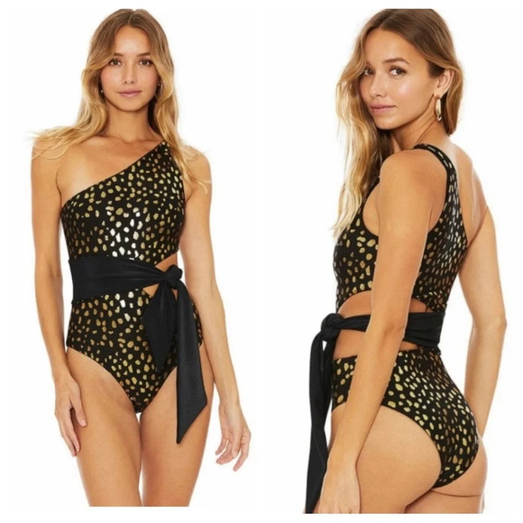 New! Beach Riot Carlie tie waist one piece swimsuit black gold 21685 - Picture 1 of 11